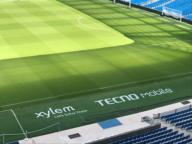 Sponsor logos painted at the Etihad Stadium